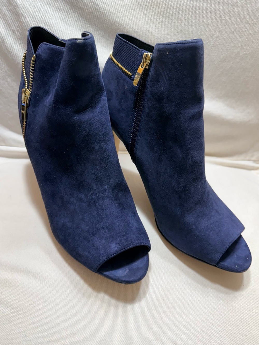 Marc Fisher Navy Suede Peep-Toe Ankle Booties with Gold Zip